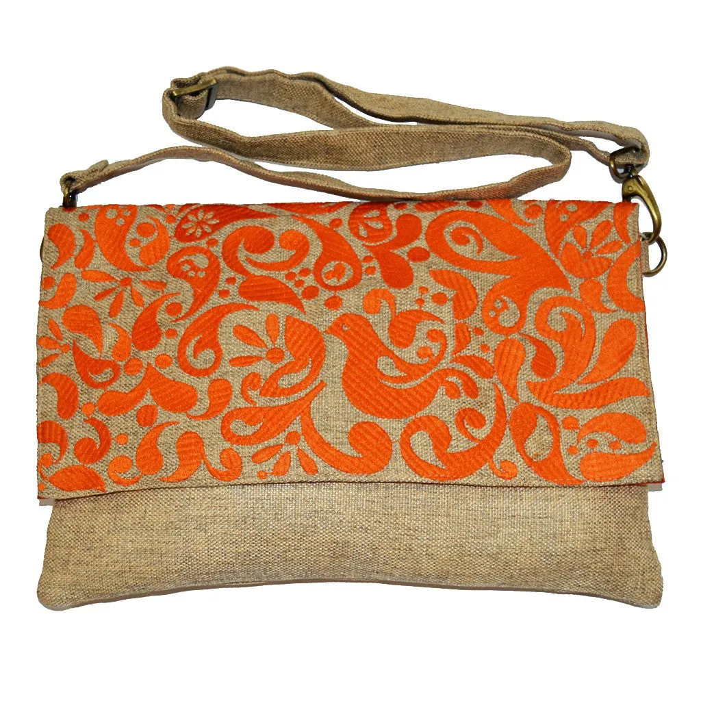 Bird Embroidered Messenger in Orange