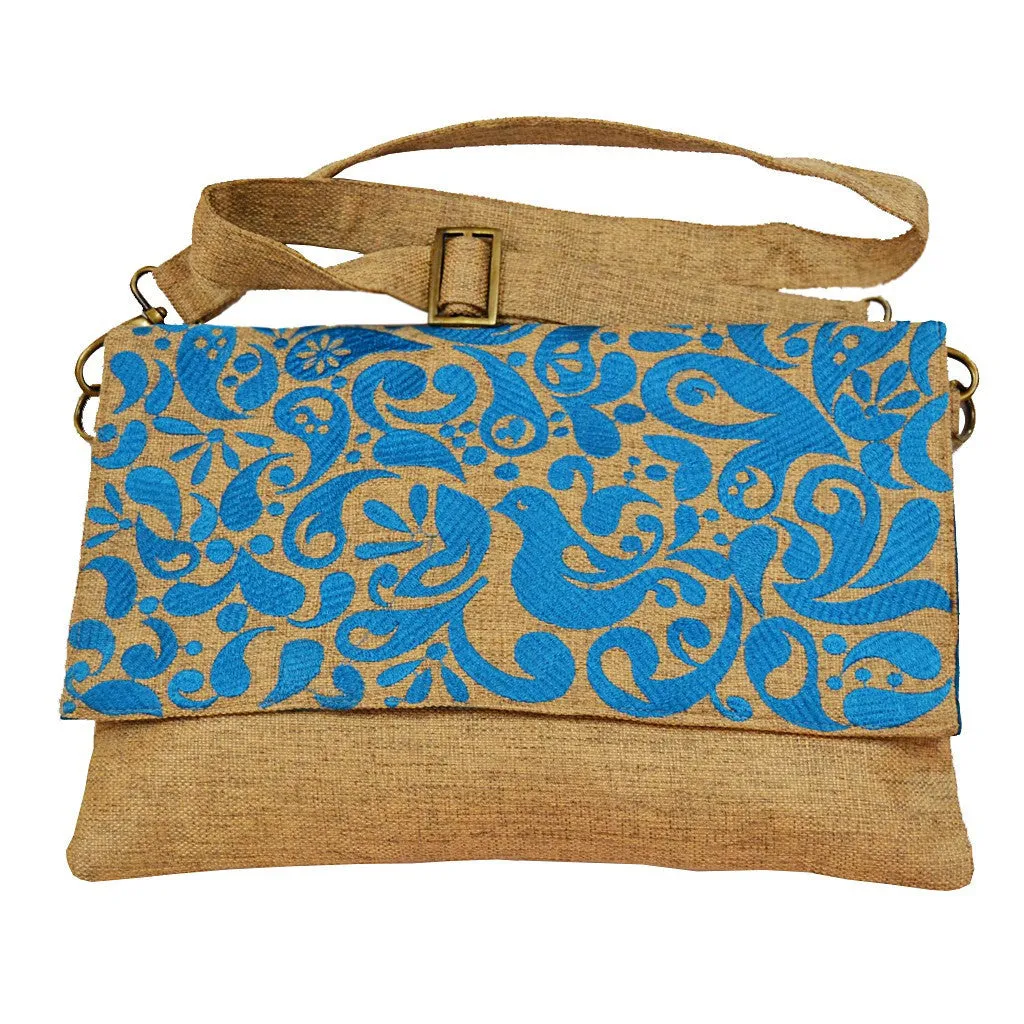 Bird Embroidered Messenger in Turquoise