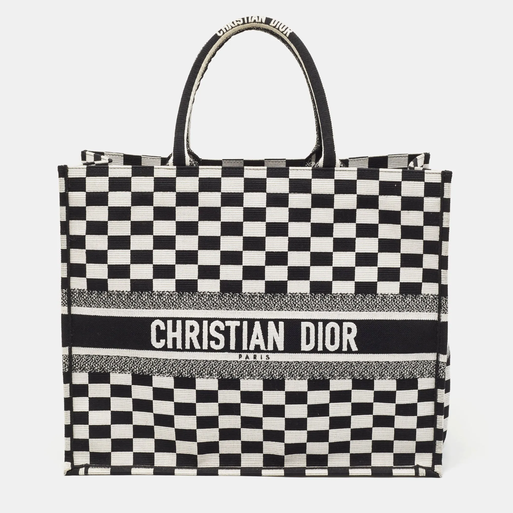 Black/White Checkered Embroidered Canvas Large Book Tote