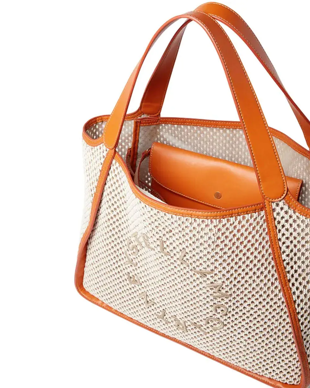 Embroidered Logo Rope Mesh Tote in Ivory/ Beige