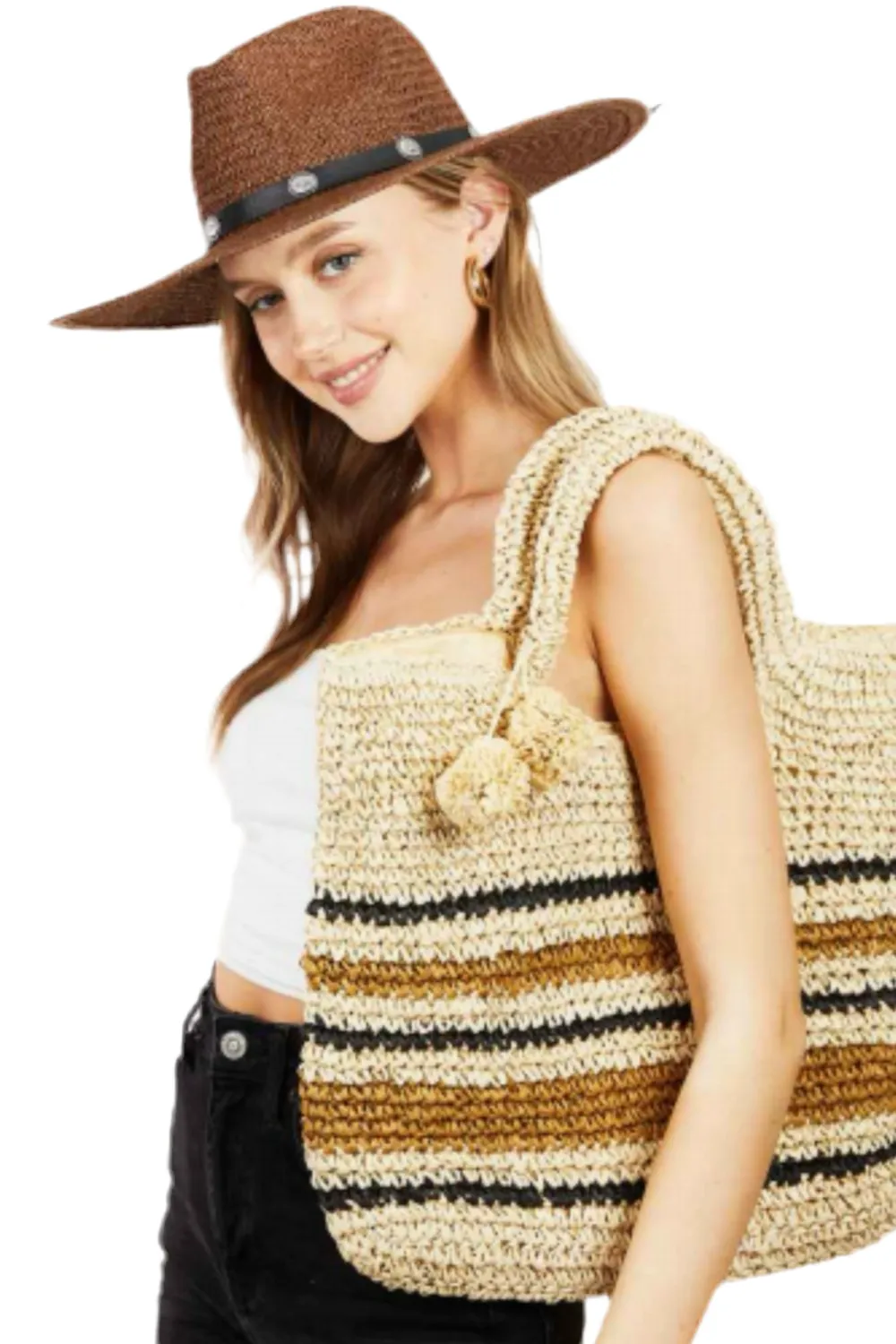 Frannie Striped Straw Braided Tote Bag