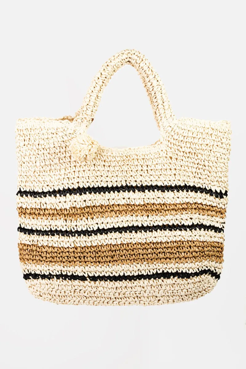 Frannie Striped Straw Braided Tote Bag