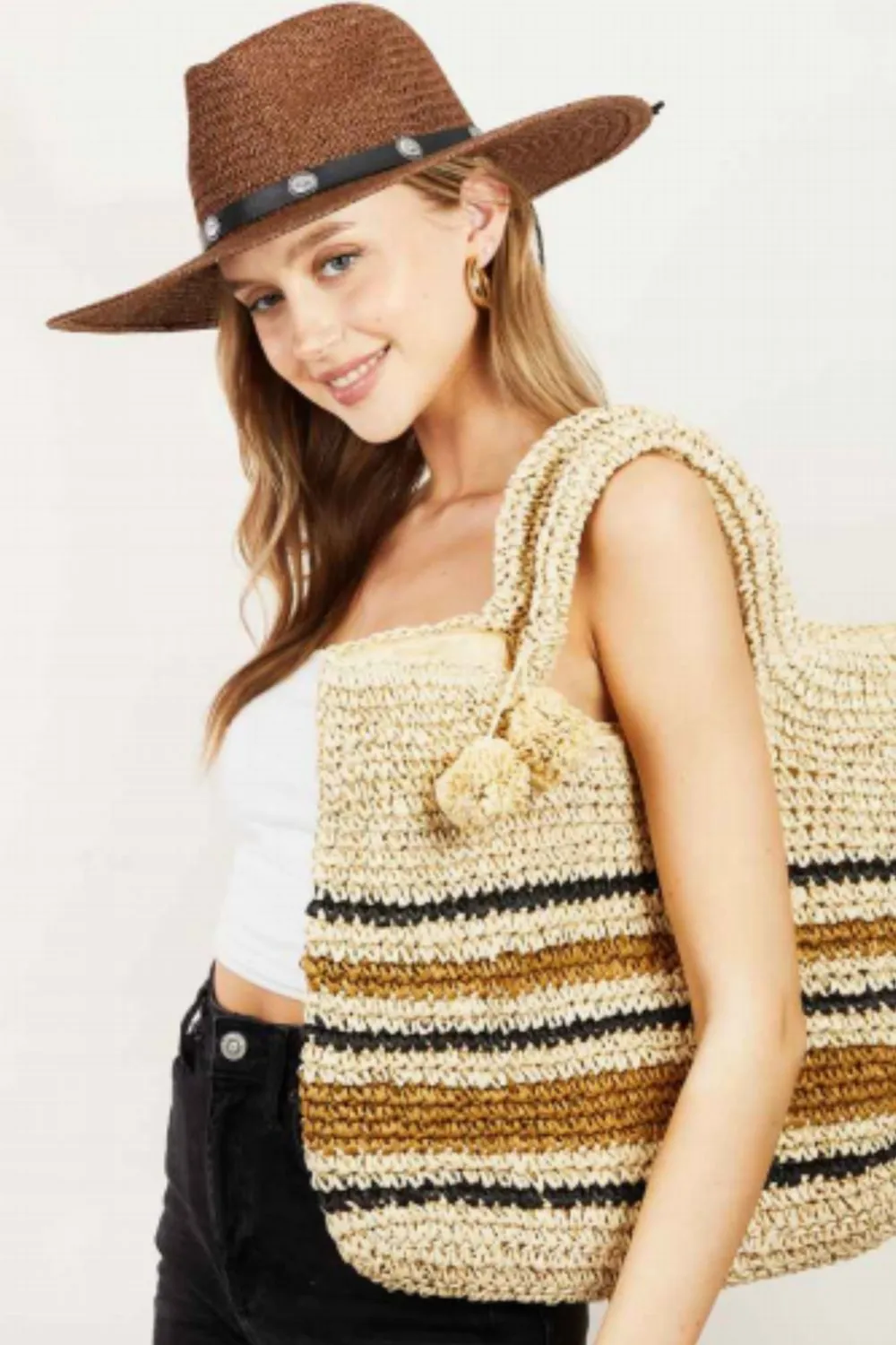 Frannie Striped Straw Braided Tote Bag