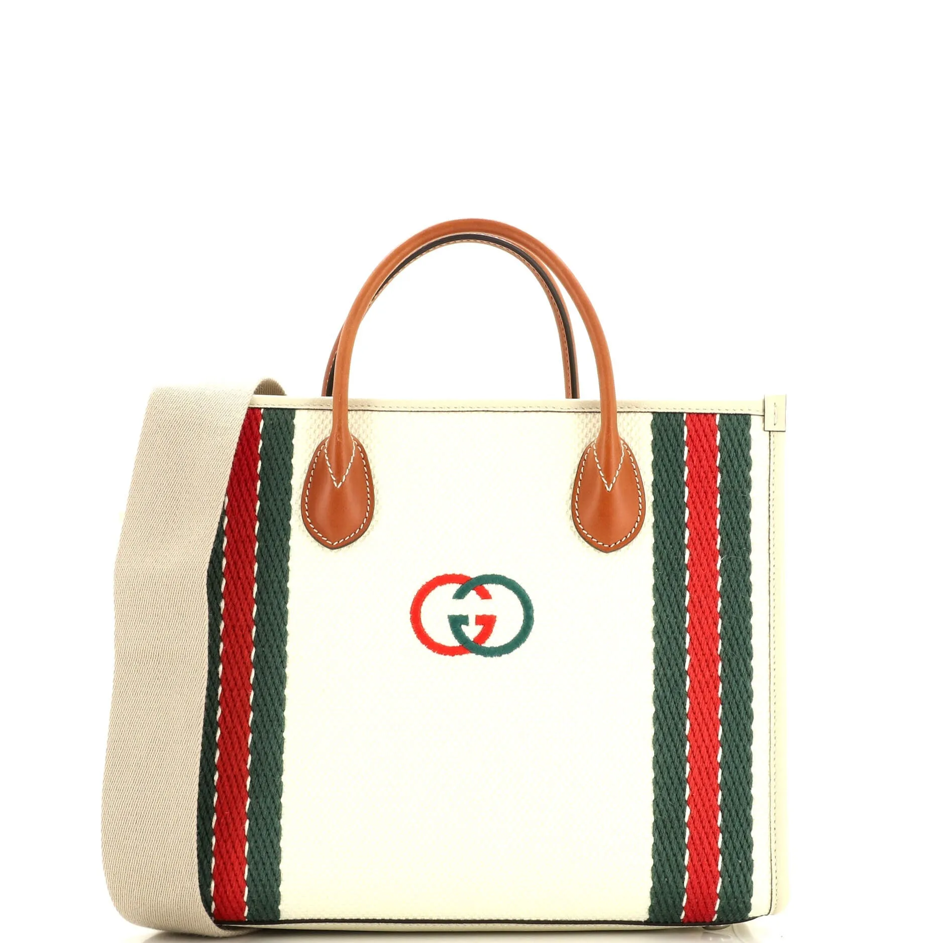 GUCCI Interlocking G Web Tote Embroidered Canvas Medium