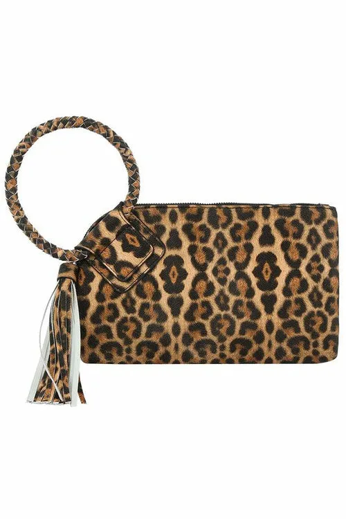 Leopard Cuff Handle Tassel Wristlet Clutch