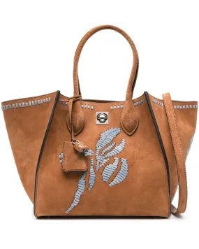 Maggie Embroidered Suede Tote Bag in Biscuit