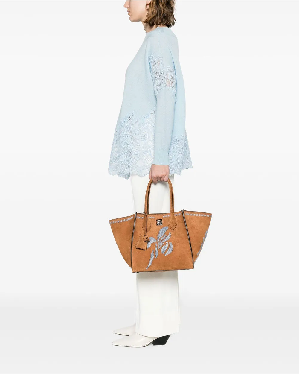 Maggie Embroidered Suede Tote Bag in Biscuit