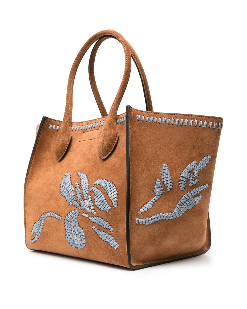 Maggie Embroidered Suede Tote Bag in Biscuit