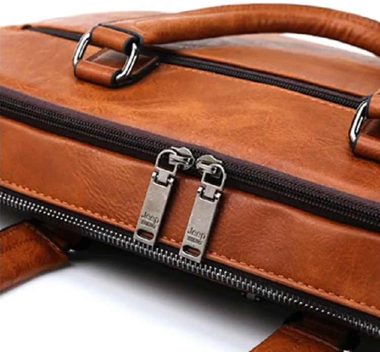 Men's Casual Leather Briefcase With Two Front Zippers