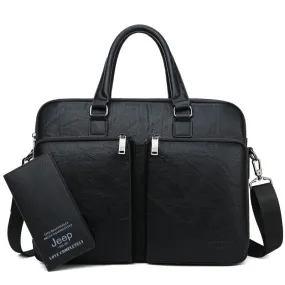 Men's Casual Leather Briefcase With Two Front Zippers