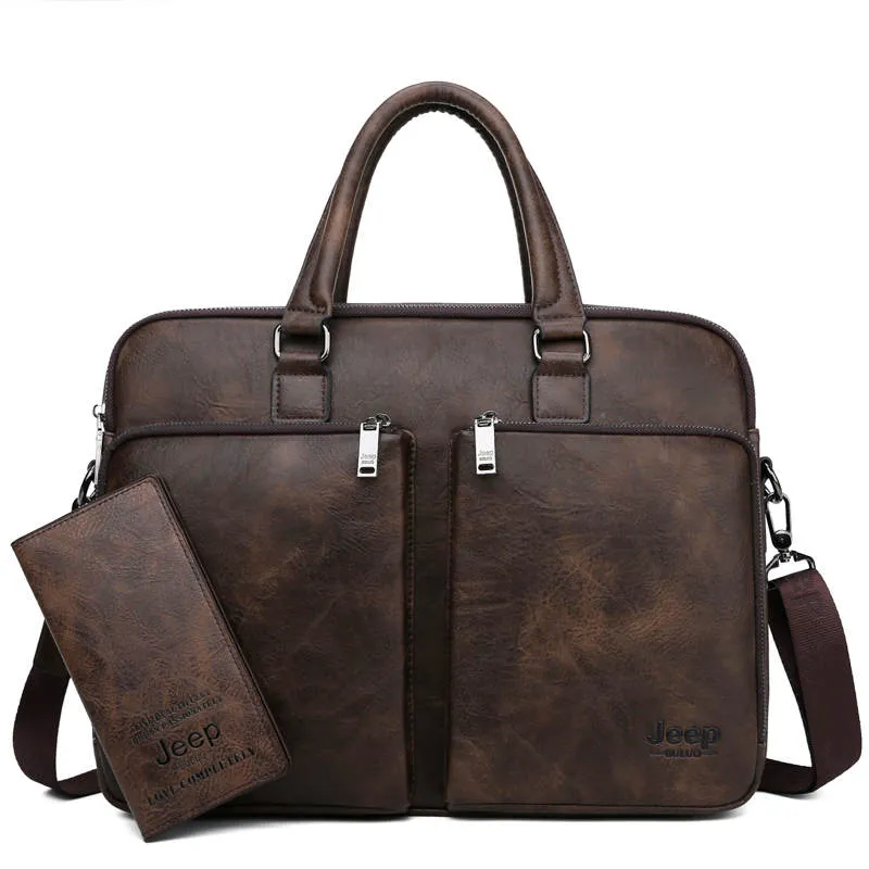 Men's Casual Leather Briefcase With Two Front Zippers