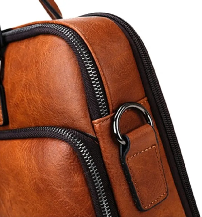 Men's Casual Leather Briefcase With Two Front Zippers