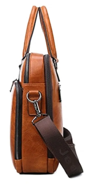 Men's Casual Leather Briefcase With Two Front Zippers