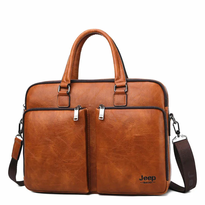 Men's Casual Leather Briefcase With Two Front Zippers