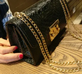 Women's Crocodile Bag With Flap | Small Clutch With Gold Chain