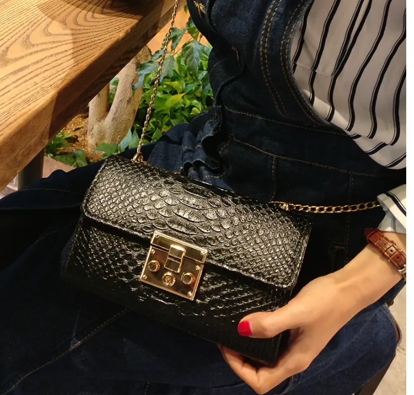 Women's Crocodile Bag With Flap | Small Clutch With Gold Chain