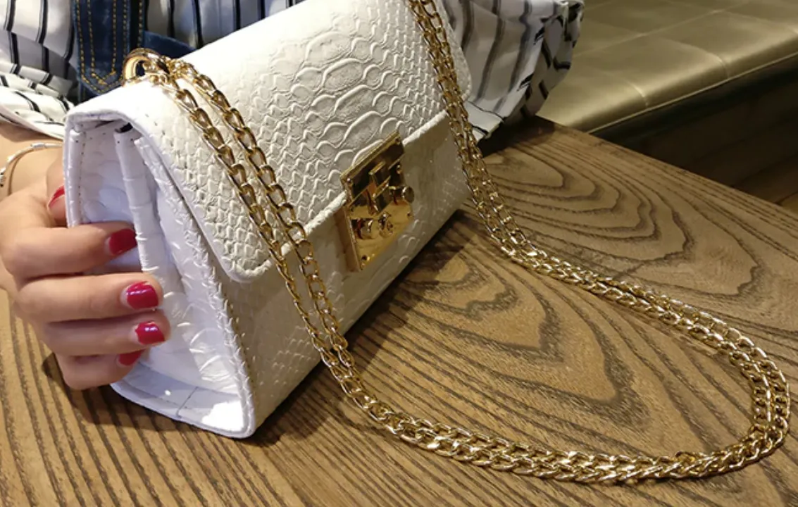 Women's Crocodile Bag With Flap | Small Clutch With Gold Chain