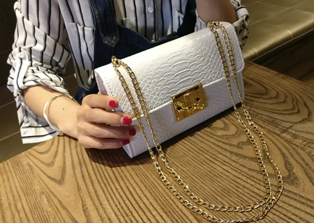 Women's Crocodile Bag With Flap | Small Clutch With Gold Chain